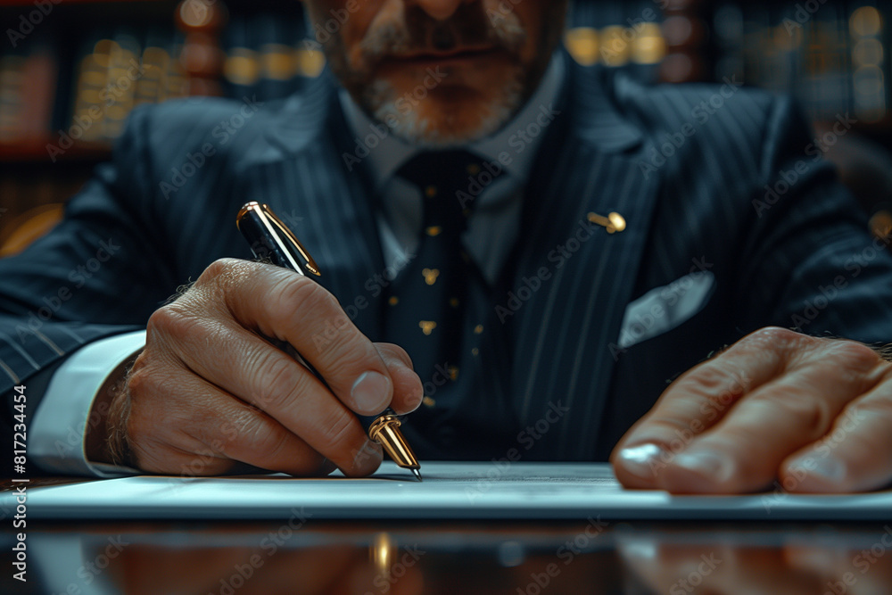 Aufkleber a businessman in an office setting works on a laptop while taking notes with a pen on a document