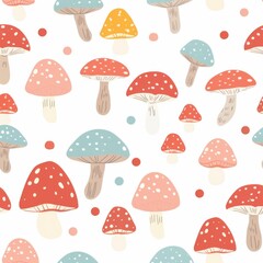 Cute Pastel Color Mushroom Pattern Digital Paper l Nature Plant Vegetable Food Design Wallpaper l Soft Colour Wall art Decoration Image White Background l Decorative Calm Paper
