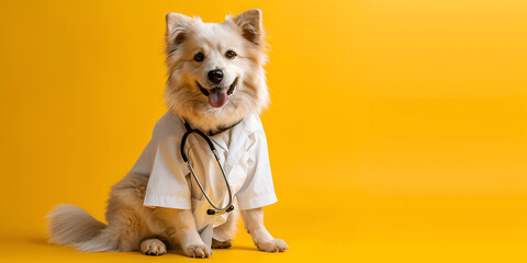 dog in uniform with stethoscope as veterinarian on yellow background