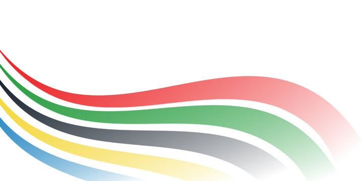 Wallpaper with abstract curved lines in blue, yellow, black, green and red  isolated on a white background. Banner or backdrop with colorful stripes symbol and copy space for text. Olympic Sports