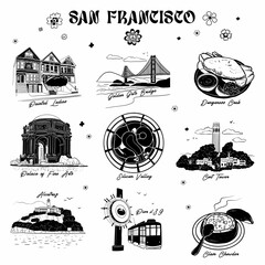 A set of black and white images made using the doodle technique about San Francisco