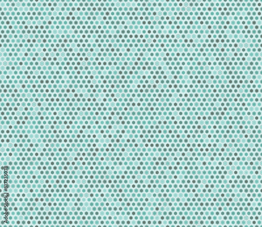 Poster Hexagonal pattern background. Hexagon mosaic cells with padding and inner solid cells. Green color tones. Small hexagon geometric shapes. Tileable pattern. Seamless vector illustration.