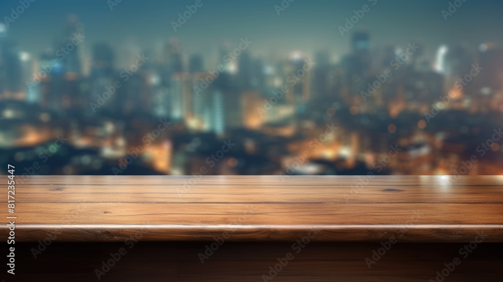 Poster wooden tabletop with blurred cityscape background. an image of table in front of urban city in night