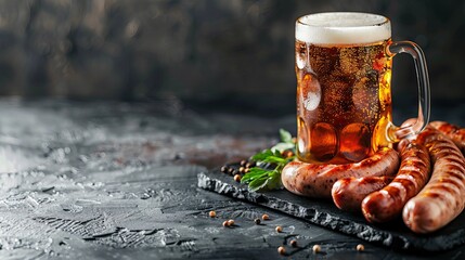 Cold mug of beer with foam and Bavarian sausages. Beer and food concept on dark stone background....