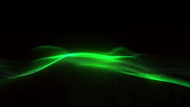 Abstract futuristic wave with moving dots. Flow of colored particles and lines. Cyber technology illustration. Big data visualization. 3d rendering