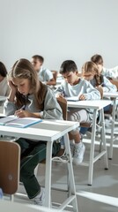 school children sitting at desks in a classroom