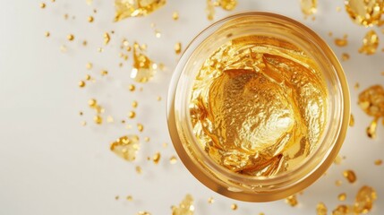 Luxurious Golden Skincare Cream with Shimmering Gold Flakes. Top view of a jar filled with luxurious golden skincare cream, adorned with shimmering gold flakes