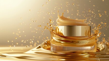 Premium Skincare Cream with Golden Liquid Splash. High-end skincare cream jar enveloped in golden liquid splashes, emphasizing luxury and elegance in skincare products