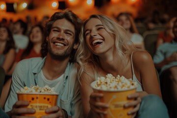 Young people laughing while watching film in movie theater. Group of friends in cinema with popcorn