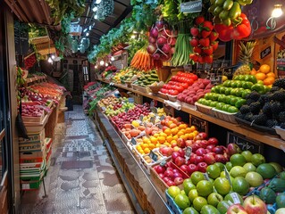 nice market produce section with fruits and vegetables