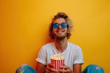 Beautiful man in cinema holding popcorn, looking and smile at camera