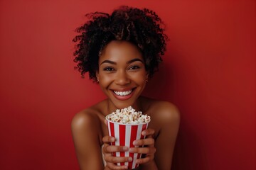 Beautiful woman in cinema holding popcorn, looking and smile at camera