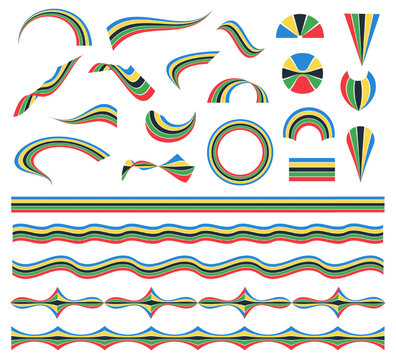 Set of various abstract shapes - Olympic colors stripes, ribbons, flags, curves, waves, lines, rainbow. Colorful creative graphic design elements with international sport games championship symbol.