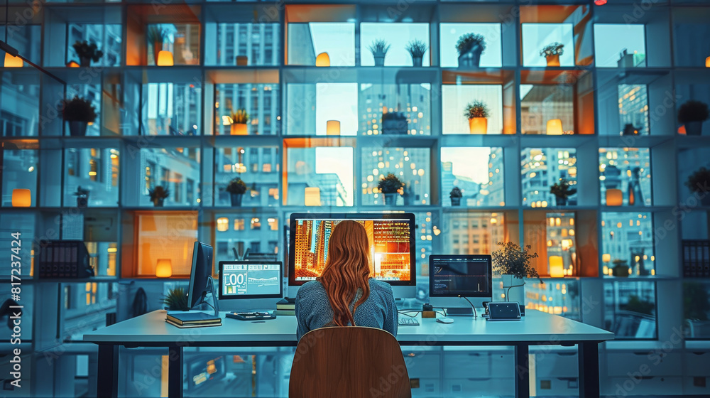 Poster people working on table on computer in office interior. generative ai.