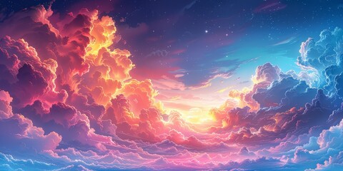 A colorful cartoon illustration of the sky full of clouds in high definition with vibrant colors and a simple background. 