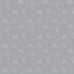 Seamless grey pattern with Eiffel tower, torch with flame, circles or rings and athlete. Hand drawn doodle template for wallpaper or background, textile or wrapping paper. Olympic sport