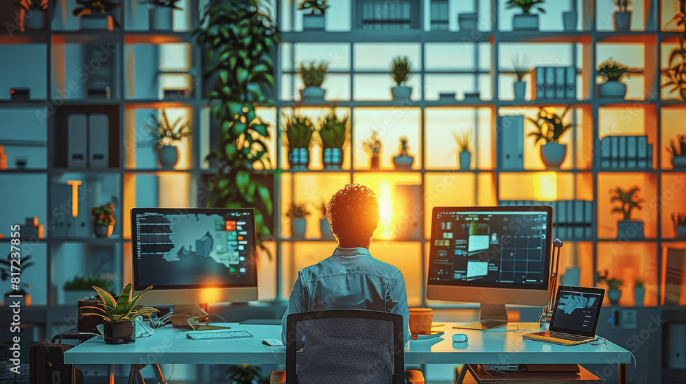 Poster people working on table on computer in office interior. generative ai.