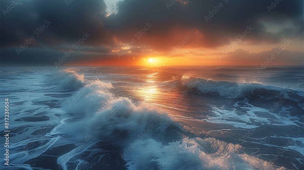 Poster A beautiful view of shore in winter during a storm with the sun right in the middle from afar at sunset, huge waves, soothing light. Generative AI.