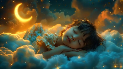 A cute little girl is sleeping on the clouds, with stars and moon in her eyes.