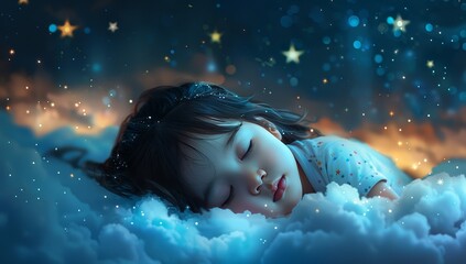 A cute little girl is sleeping on the clouds, with stars and moon in her eyes. 