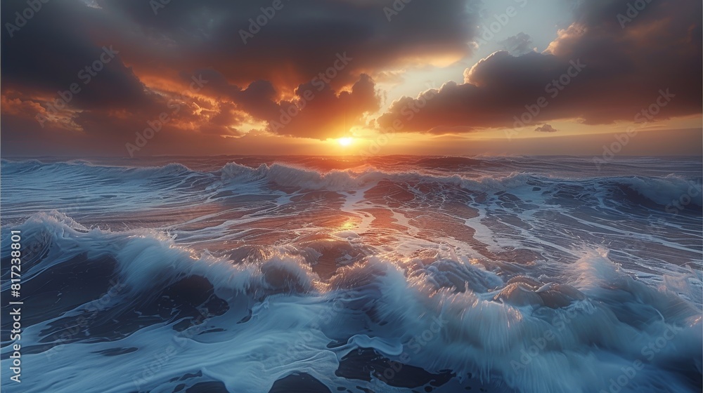 Poster A beautiful view of shore in winter during a storm with the sun right in the middle from afar at sunset, huge waves, soothing light. Generative AI.