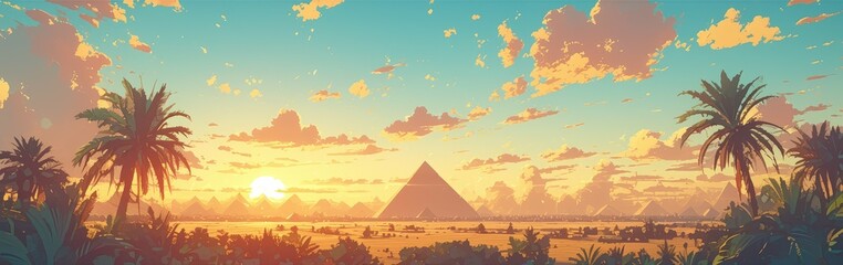 A desert landscape with the pyramids of Giza in ancient Egypt, with a setting sun casting long shadows and creating an atmosphere reminiscent of classic fantasy art. 