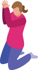 Isometric vector of a woman in casual clothes, kneeling with one hand up, in a simplified style