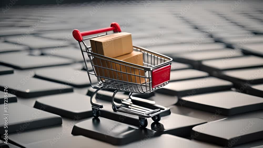 Poster online shopping concept small shopping cart on computer keyboard generative ai