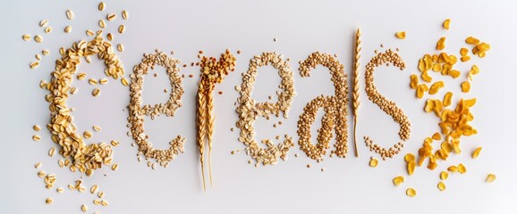 Cereals word created from various grains, white background