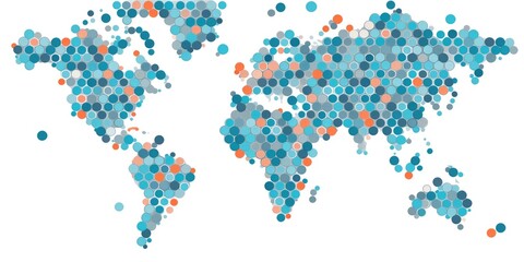 Abstract vibrant world map composed of multicolored circles on a light background. Global diversity and population distribution concept. Design for statistical graphics and cultural diversity. AIG35.