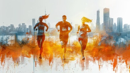 A group of three people running in the city