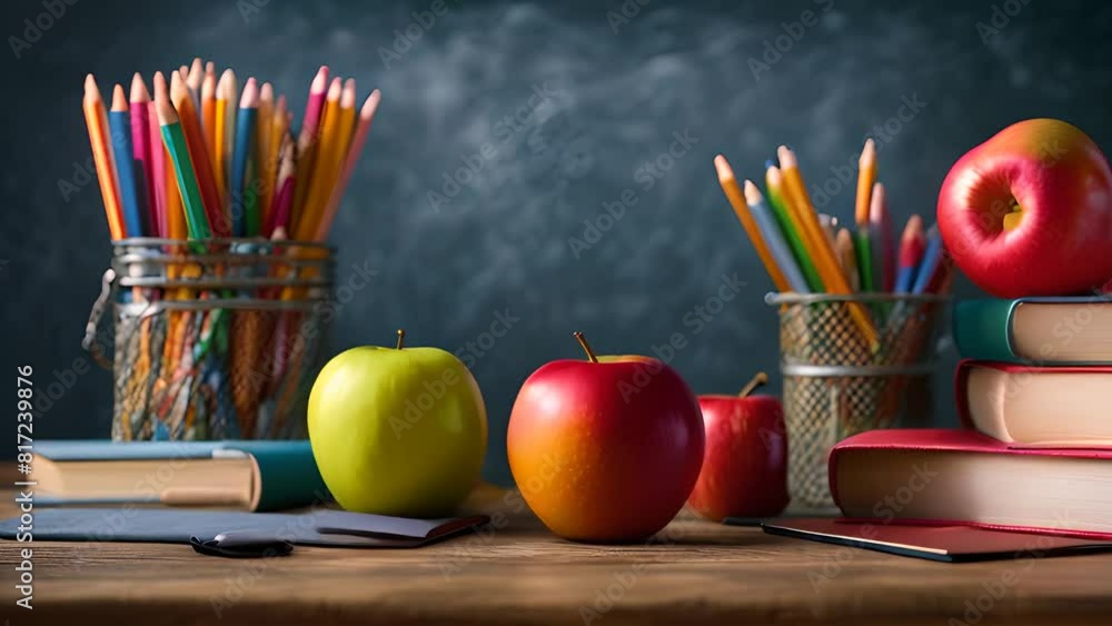 Aufkleber back to school with apples pencils and books on a table generative ai