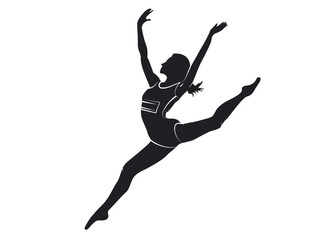 Black silhouette of a female gymnast doing a split in mid-air isolated on white background. Ballerina or woman rhythmic gymnastic dancer at a sport competition, championship. Clip art design element