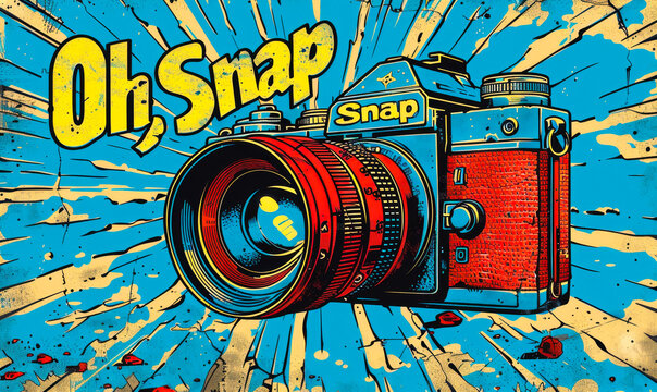 Vintage Camera Pop Art Poster with Comic Book Style and Colorful Background Highlighting Photography Concept