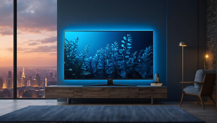 Smart tv in modern living room interior design with blue neon lights, 3d render. Generative ai.