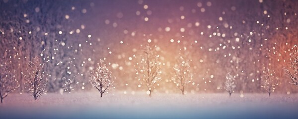 Obraz premium Snowflakes gently fall from the grey sky onto bare tree branches in a winter landscape. 