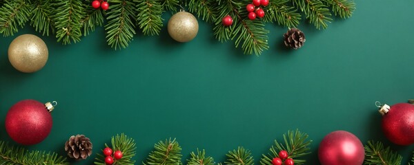 Multicoloured Christmas balls are suspended from a spruce branch, creating a festive and traditional decoration. Green background with blank space for text.