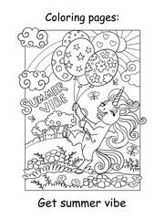 Cute unicorn running with balloons coloring vector