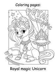 Coloring unicorn and lettering royal magic vector