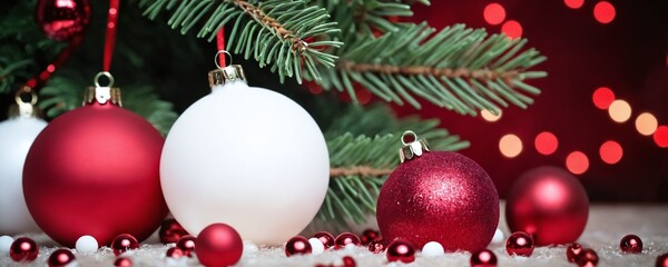 Naklejka premium Christmas tree branches, red and white balls, dark background. 