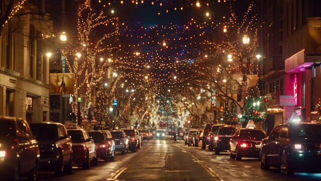 A city street lined with parked cars, showcasing a bustling urban environment, A bustling city street decorated with twinkling lights and holiday cheer, perfect for a family shopping spree