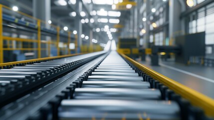 Fototapeta premium Automated conveyor belt transporting freshly molded plastic parts for quality inspection.