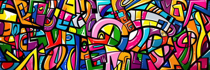 A dynamic graffiti artwork featuring a multitude of colorful letters spray-painted on a wall, creating a visually stimulating and energetic composition