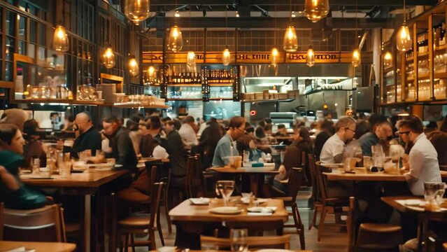 Blurry view of a crowded restaurant with people dining and interacting, A bustling dining area with people moving about