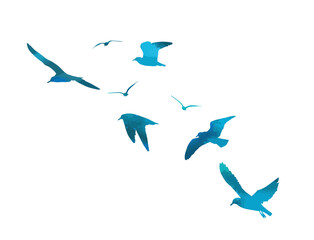 Flying blue seagulls silhouette. hand drawing. Not AI, Vector illustration
