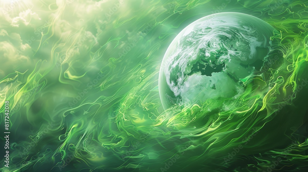 Poster a depiction of earth as a luminous green sphere surrounded by swirling energy, symbolizing the trans