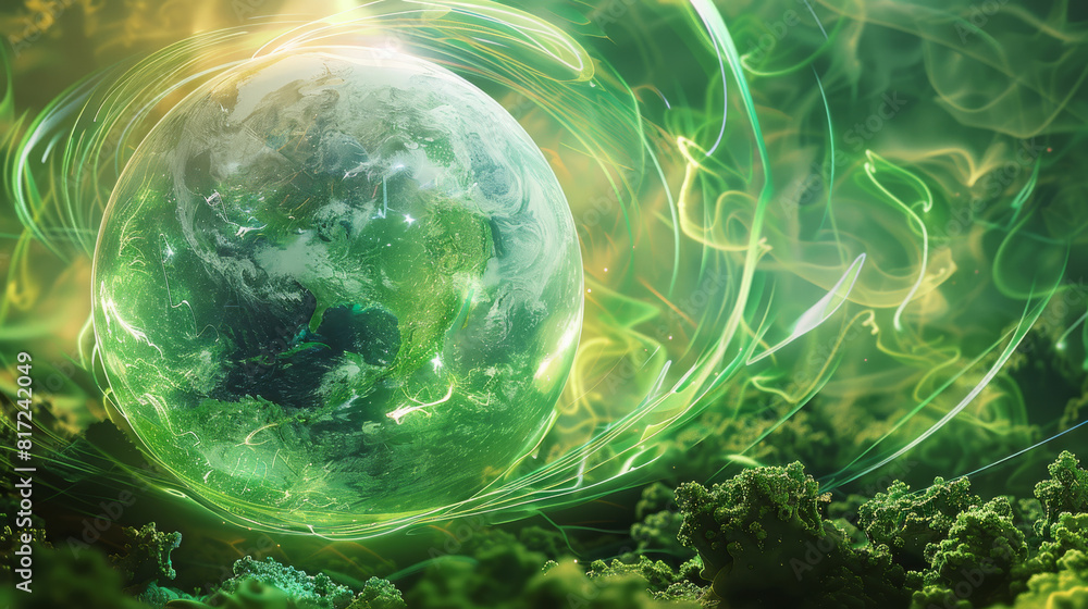 Poster a depiction of earth as a luminous green sphere surrounded by swirling energy, symbolizing the trans