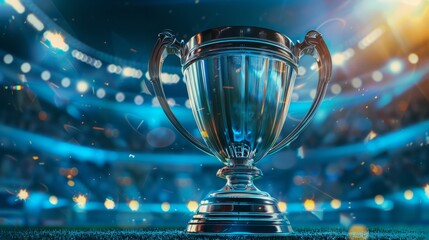 Magnificent winner cup in the stadium, theme of victory, competition.