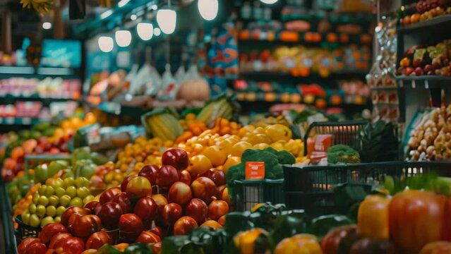 A busy produce section in a grocery store filled with a variety of fresh fruits and vegetables, A bustling grocery store filled with colorful fruits and vegetables
