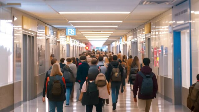 Diverse group of individuals walking together down a busy hallway, A bustling hallway filled with students of different ages and backgrounds